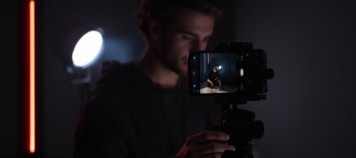 Creator filming a vertical video on a smartphone mounted on a tripod in a softly lit studio